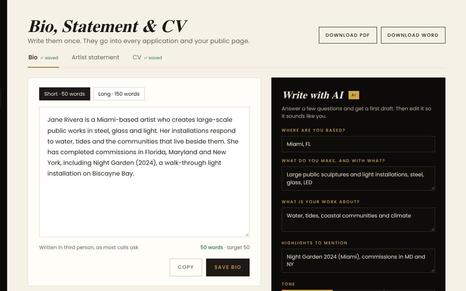 Bio, Statement & CV in ArtBiz.ai
